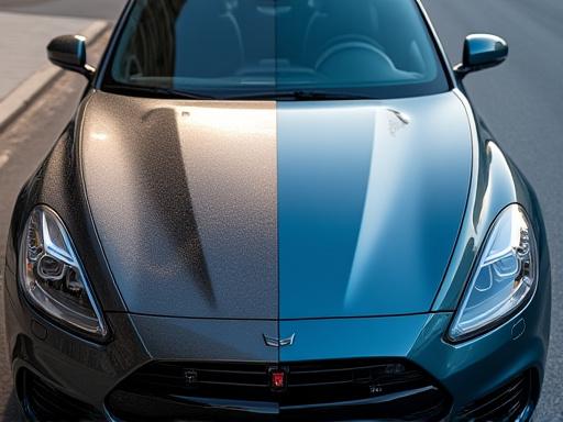 Comparaison d'un capot de voiture sale avant et après un lavage premium, avec une finition brillante