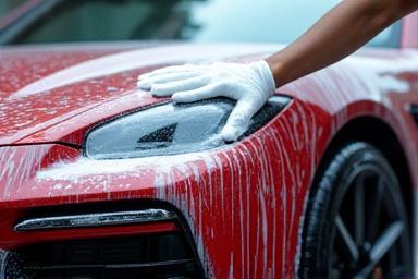 Lavage extérieur d'une voiture de luxe à la main