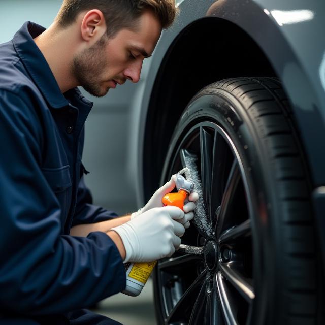 Spécialiste en train de nettoyer une jante avec précision dans un studio AquaWhale Wash
